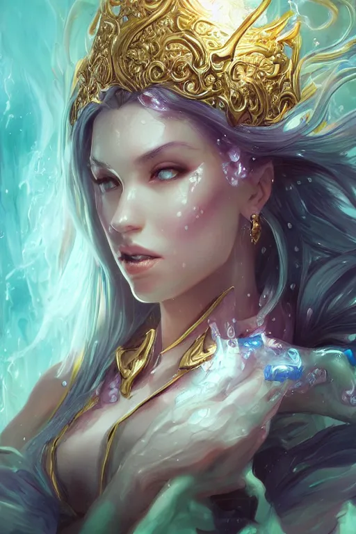 Prompt: face closeup extremely beautiful girl necromancer covered with water, wizard casting magic spell, gold beam, angel, magic storm and thunder clouds, fantasy, magic the gathering, hyper detailed, 3 d render, hyper realistic detailed portrait, peter mohrbacher