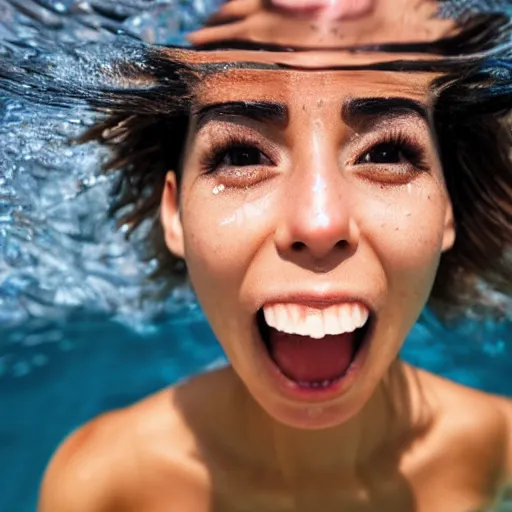 Prompt: extreme close up photo of a human\'s open mouth that is full of water. Inside the water a beautiful woman is swimming relaxedly