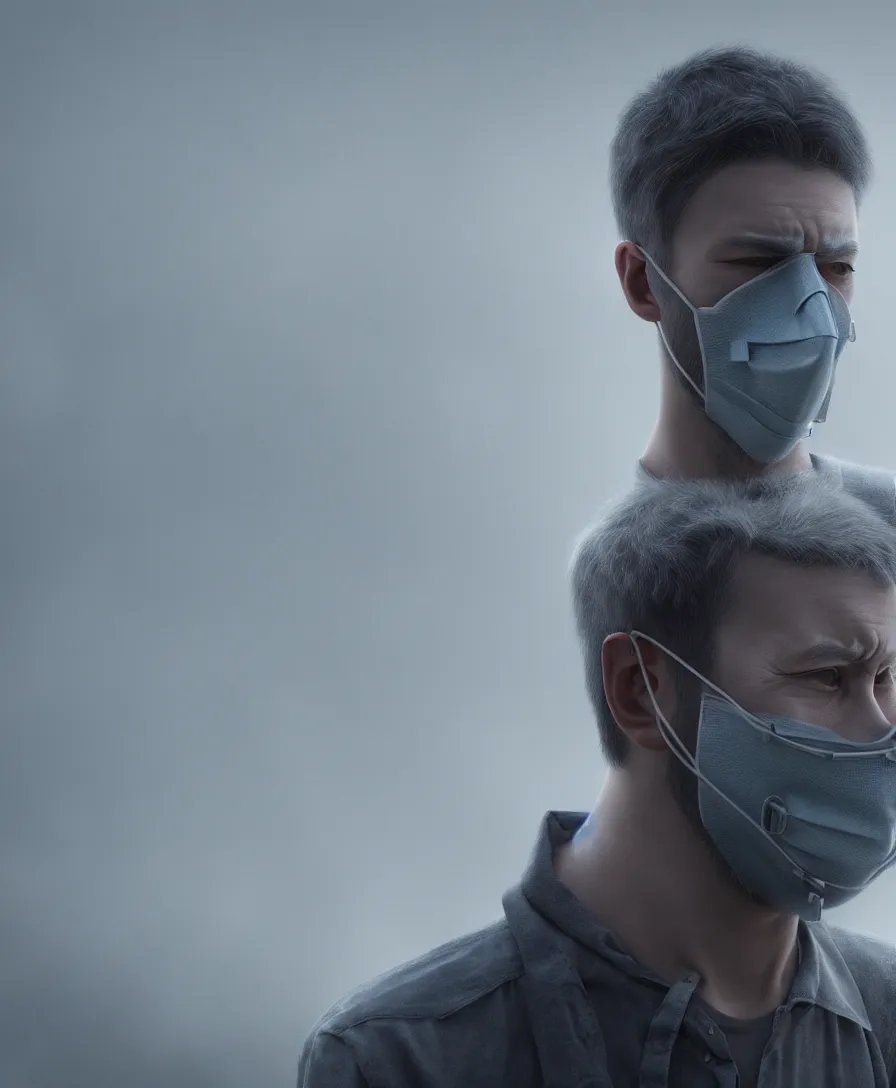 Image similar to detailed digital painting of man kind suffering due to high air pollution in future, people are wearing masks, wide angle shot, octane render, very hyper realistic, highly detailed