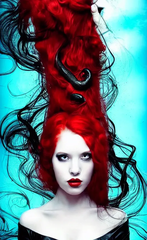 Prompt: portrait of a girl with long red hair in a black dress, snake, in black roses, under red water, very beautiful style, girl wrapped in black leather, photorealism, edgard maxens,