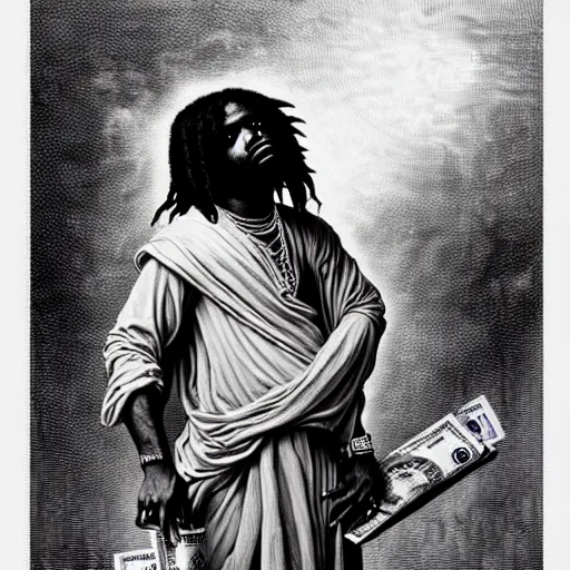 Prompt: highly accurate cheef keef rapper holding stacks of cash, biblical image, style of gustave dore, highly detailed, beautiful, high contrast, black and white