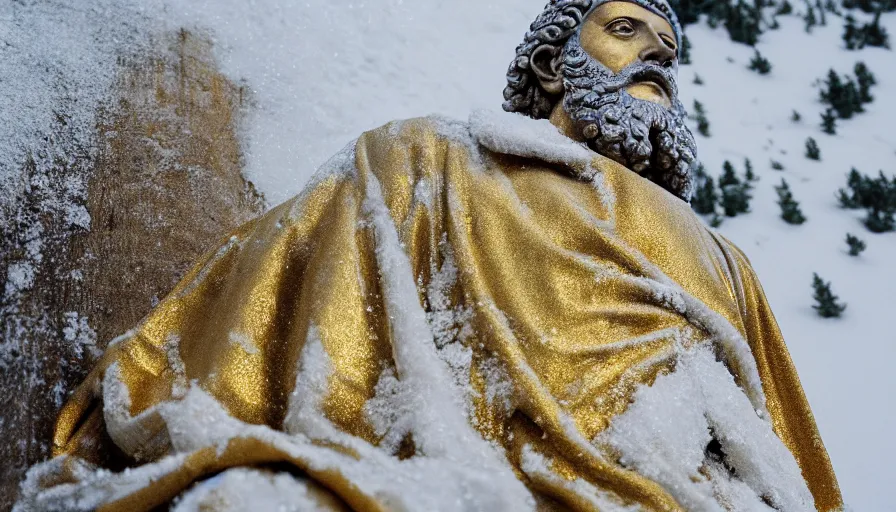 Prompt: 1 9 6 0 s movie still close up of marcus aurelius in gold emperor clothes frozen to death by the side of a river, grass, snowy, pine forests, cinestill 8 0 0 t 3 5 mm, high quality, heavy grain, high detail, texture, dramatic light, anamorphic, hyperrealistic, detailed hair, foggy