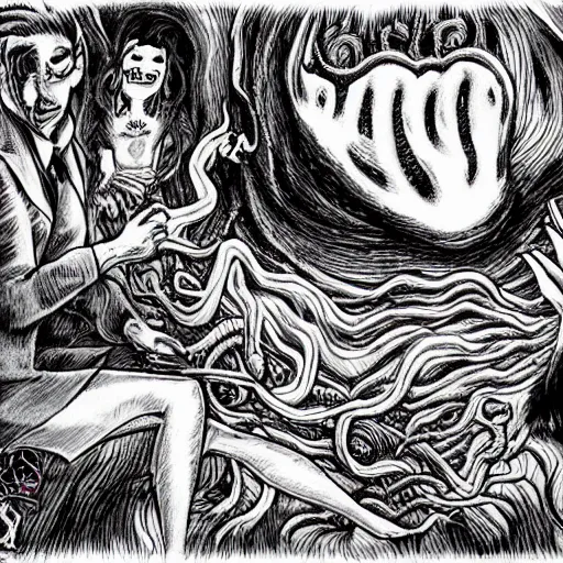 Image similar to the call of cthulhu in the style of junji ito,! dream the dunwich horror, hyper realistic, photorealistic, highly detailed