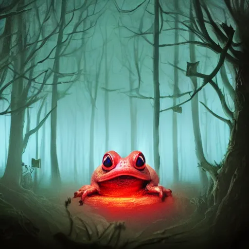 Prompt: giant evil monsterous slimy toad in the dark forest, glowing red eyes, slimy toads, dark night, midnight, foggy, atmospheric, highly detailed, hyperrealistic, gothic horror, trending on artstation, digital art, dark fantasy, by a creature artist