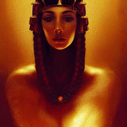 Image similar to Cleopatra portrait, atmospheric lighting, painted, intricate, volumetric lighting, beautiful, rich deep colors masterpiece, golden hour, sharp focus, ultra detailed, by Leesha Hannigan, Ross Tran, Thierry Doizon, Kai Carpenter, Ignacio Fernández Ríos