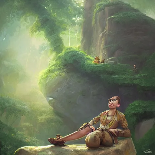 Image similar to a painting of a pilot sitting in a rock on a jungle!, an ultrafine detailed painting by mandy jurgens, featured on deviantart, fantasy art, 2 d game art, ilya kuvshinov, steampunk