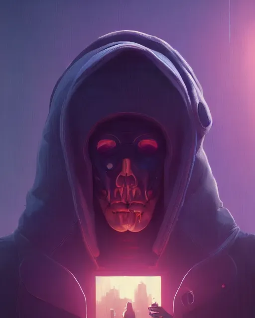 Image similar to highly detailed surreal vfx portrait of a cybernoir grim reaper, stephen bliss, unreal engine, greg rutkowski, loish, rhads, beeple, makoto shinkai and lois van baarle, ilya kuvshinov, rossdraws, tom bagshaw, alphonse mucha, global illumination, detailed and intricate environment