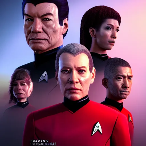 Prompt: Star Trek the next generation crew portrait, Cyberpunk 2049, highly detailed, realistic, Unreal engine, Octane render, Weta digital, HDRP, RTX, volumetric lighting