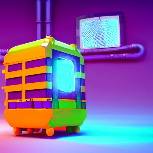 Image similar to cinema 4d colorful render, giant glowing nuclear battery core inside of a mechanical android chest