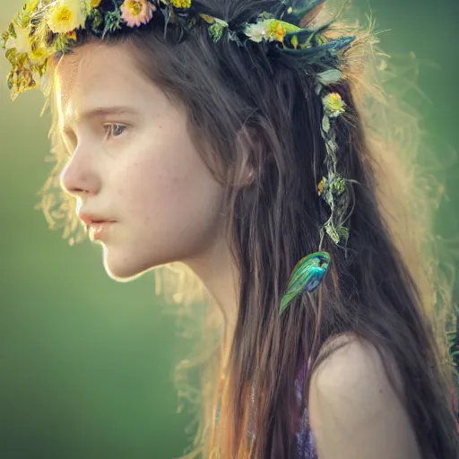 Image similar to a portrait of a young girl with wavey long hair, there is a bird on her head, there's flowers everywhere, very beautiful ambient light with sun rays hitting her hair, 8k photography,