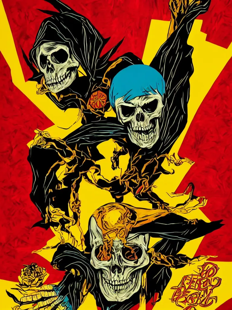 Image similar to poster of skeletor with the word fear, red yellow orange black and cream colors, poster by shepard fairey