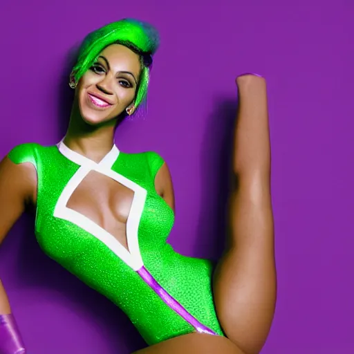 Image similar to Singer Beyoncé with green skin and dark green hair, wearing a white leotard with two purple vertical stripes, green skinned, wearing purple and white fingerless gloves, wearing purple and white sneakers, mini skirt, smiling, detailed legs, hyperreal, surreal, bokeh, tilt shift photography, green arms, green legs, green face,