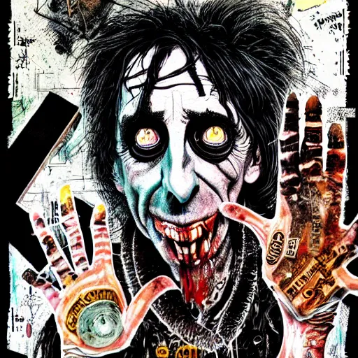 Image similar to graphic illustration, creative design, alice cooper, biopunk, francis bacon, highly detailed, hunter s thompson, concept art, mixed media