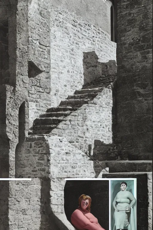 Image similar to plus - sized woman sitting on the stairs of a medieval building, summer, nature, natural light, forest setting, 1 9 6 0 s art, neo - renaissance, photo collage, by tom wesselman, by mel ramos, by martial raysse, by antonello de messina, by jim silke