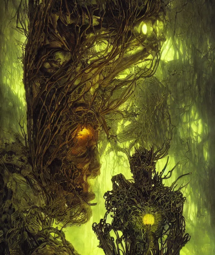 Prompt: portrait of a glowing cyborg leshy, cinematic light, looking to the side off camera, backlight glow, green gold, mist, by mikhail vrubel, by philippe druillet, by peter elson, by gerald brom, muted colors, extreme detail, trending on artstation, 8 k