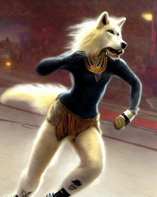 Image similar to an athletic white female anthro wolf skating at a roller derby, 4 k, furaffinity, fursona, trending on artstation, energetic, speed, motion blur, by gaston bussiere, craig mullins, sakimichan, gustav klimt, artgerm, greg rutkowski, alphonse mucha