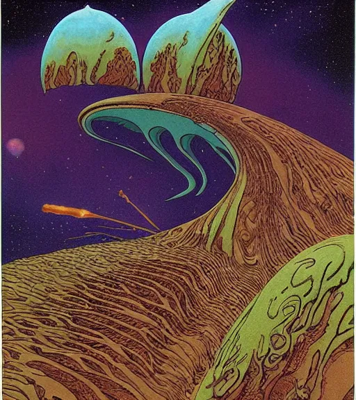 Prompt: pyrography of a Cosmic Cataclysm by Roger Dean and Moebius