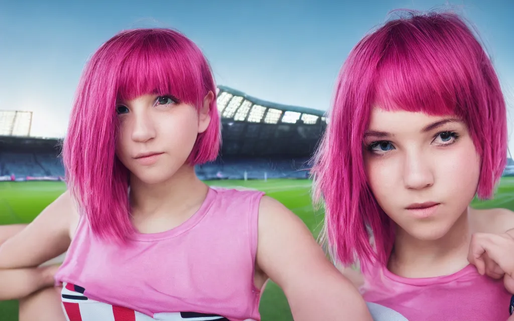 Prompt: A cute girl with short pink hair, posing for Portrait at a soccer stadium. 4K HD Wallpaper. Premium Prints Available