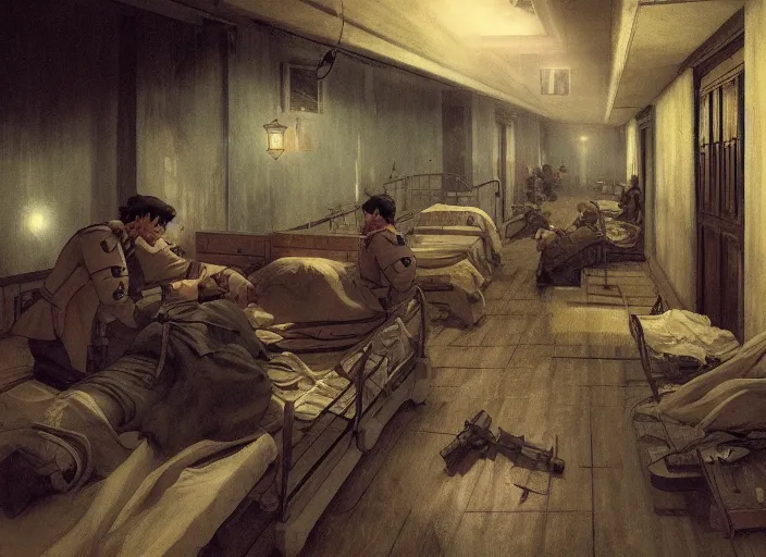 Prompt: 1 8 5 4 crimean war, army hospital in scutari at night, wounded patients in beds on both sides of hospital ward, dark, grimy, finely detailed perfect art, painted by greg rutkowski makoto shinkai takashi takeuchi studio ghibli