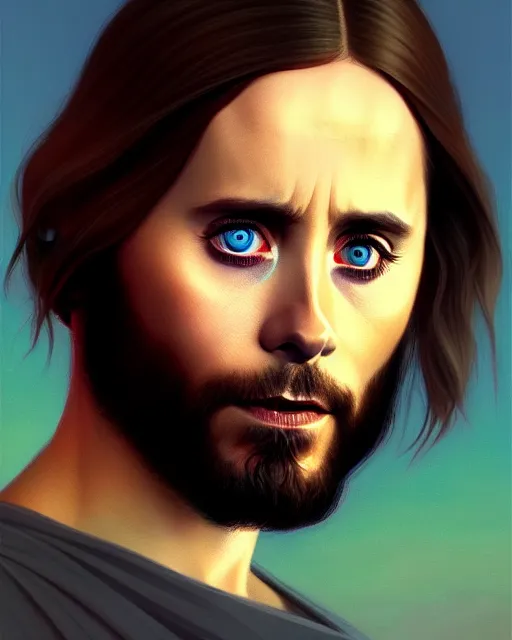 Prompt: jared leto as jesus christ, moody cinematic colors, one single head, realistic shaded, fine details, realistic shaded lighting poster by ilya kuvshinov, magali villeneuve, artgerm, jeremy lipkin and michael garmash and rob rey