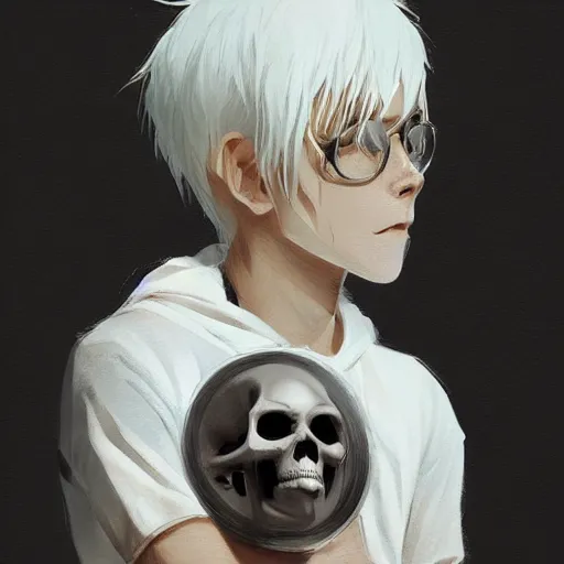 Image similar to boy with white hair holding skull, by makoto shinkai, greg rutkowski, artstation, high detailed, cgsociety,