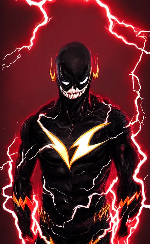 Image similar to full body portrait of venom as the flash, black and red, dynamic lighting, cinematic, ultra detailed, trending on art station, stunning visuals, creative, fantasy concept art