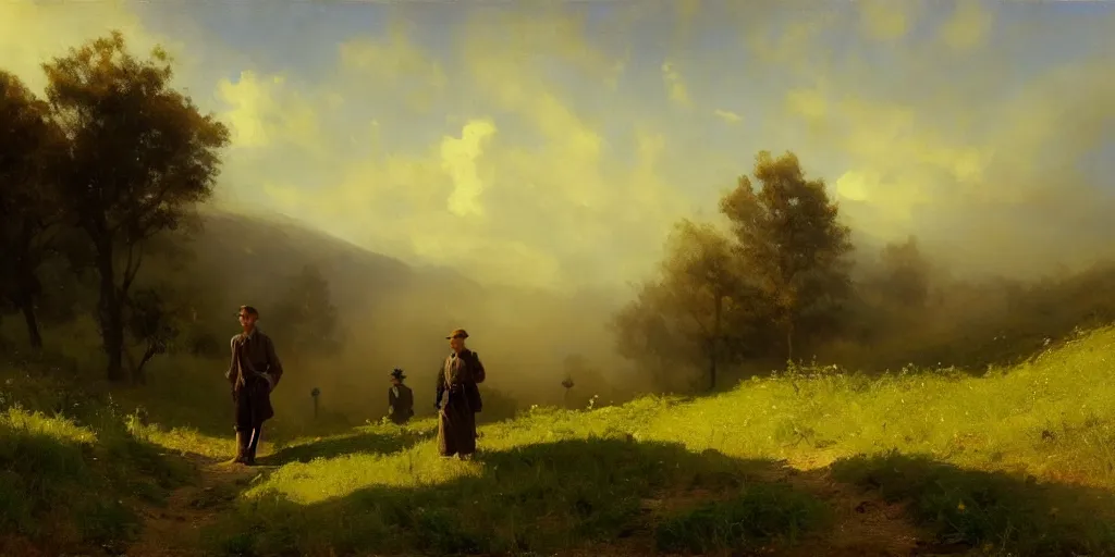 Image similar to a big hillside meadow in 1 9 4 0 with blue light on, sunny day, a men stand up on the road, mystical orange fog, oil on canvas, art by andreas achenbach, clemens ascher, tom bagshaw and sabbas apterus,