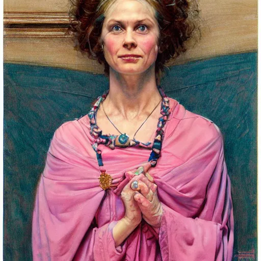 Image similar to a frontal portrait of a priestess, dressed in pink and blue, so happy that her face hurts, by donato giancola and norman rockwell.