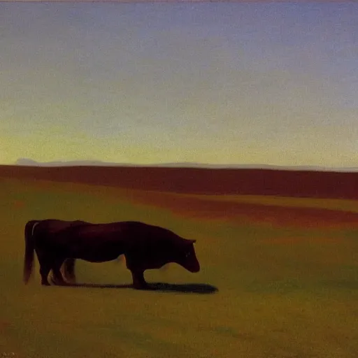 Prompt: a lone rancher desperately trying to corral a huge herd of cattle that are scattering, a beautiful landscape at sunset, by Edward Hopper