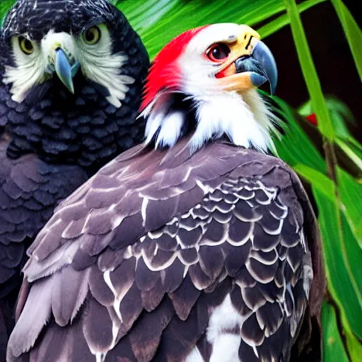 Image similar to Harpy eagle and red cardinal hybrid, real photo from zoo,