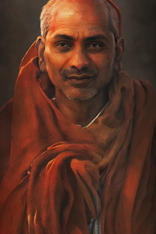 Image similar to hindu priest, close - up portrait, devoted, intricate, elegant, volumetric lighting, scenery, digital painting, highly detailed, artstation, sharp focus, illustration, concept art, ruan jia, steve mccurry