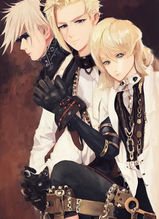 Image similar to a blonde boy thief in leathers with a steampunk armband in the style of krenz cushart