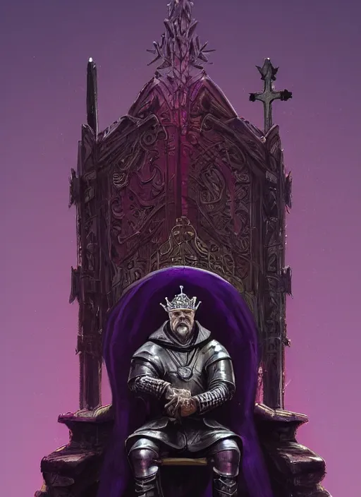 Image similar to a portrait of an old medieval king on the throne, cyberpunk, dark purple color scheme, grim - lighting, high - contrast, intricate, elegant, highly detailed, digital painting, artstation, concept art, smooth, sharp focus, illustration