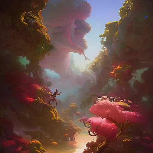 Prompt: masterpiece digital art airbush fantasy vibrant colors weird by peter mohrbacher, makoto shinkai, justin gerard, wlop, andreas rocha, rhads, syd mead, alex grey