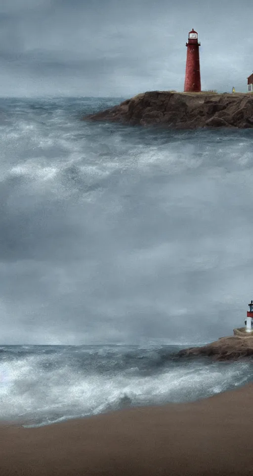 Image similar to wide - shot of lighthouse on the sand seashore, waves, misty background, from the game pathologic 2, highly detailed, sharp focus, matte painting, by isaac levitan and asher brown durand,