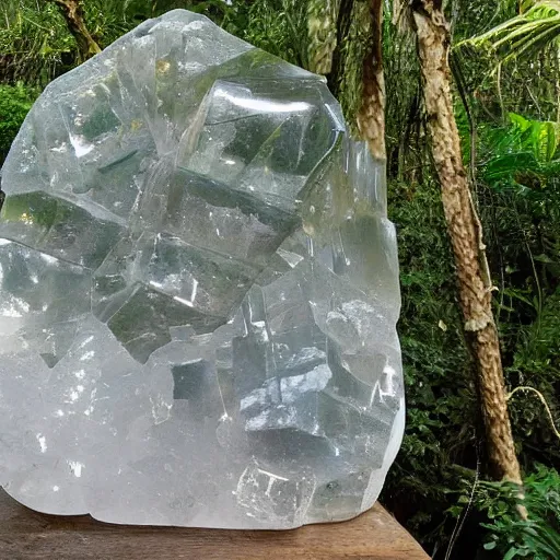 Prompt: beautiful giant completely clear massive quartz crystals that intersect each other in a large magical jungle, complex inter - play of light