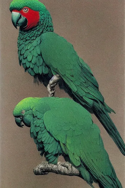 Image similar to beautiful emerald green parrot with red aura and eyes, by zdzisław beksinski, by gustave dore