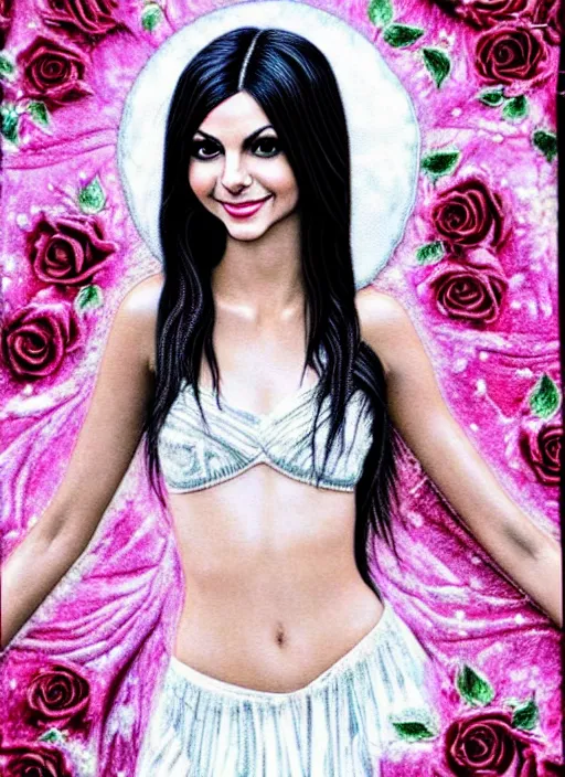 Image similar to a sewn thin thread image of Victoria Justice as the goddess of white roses on velvet. ultra detailed painting at 16K resolution and amazingly epic visuals. epically beautiful image. amazing effect, image looks gorgeously crisp as far as it's visual fidelity goes, absolutely outstanding. vivid clarity. ultra. iridescent. mind-breaking. mega-beautiful pencil shadowing. beautiful face. Ultra High Definition. godly shading. amazingly crisp sharpness. photorealistic film cel processed twice..