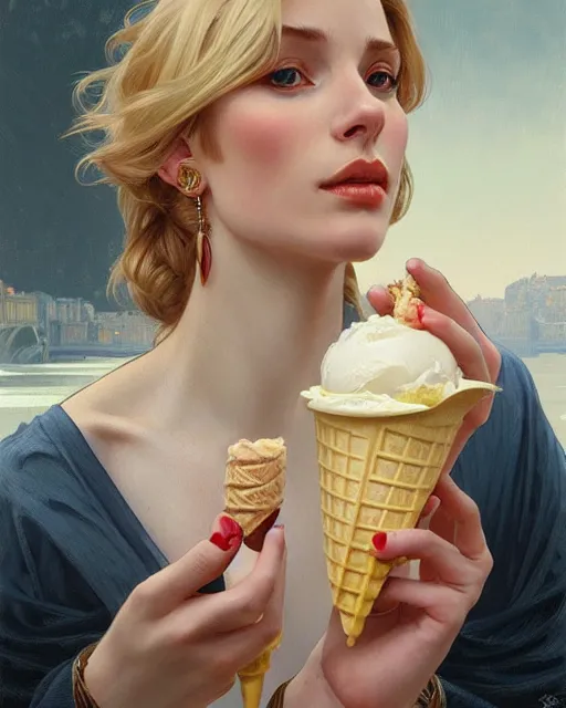 Prompt: Portrait of a  blonde woman and a mallard eating ice creams inp Porto,real life skin, intricate, elegant, highly detailed, artstation, concept art, smooth, sharp focus, art by artgerm and greg rutkowski and alphonse mucha