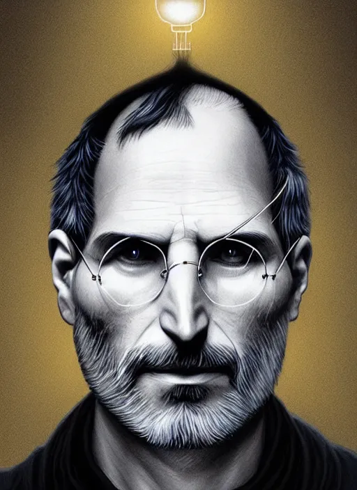 Prompt: portrait of steve jobs, white glowing eyes, silver shaggy hair, cloak, male, fantasy, extremely detailed, digital painting, artstation, concept art, sharp focus, illustration, stunning lighting, artgerm, alphonse mucha, simon stalenhag, light atmosphere, golden ratio, cinematic lighting, hyperdetailed, marc simonetti, greg rutkowski, 8 k