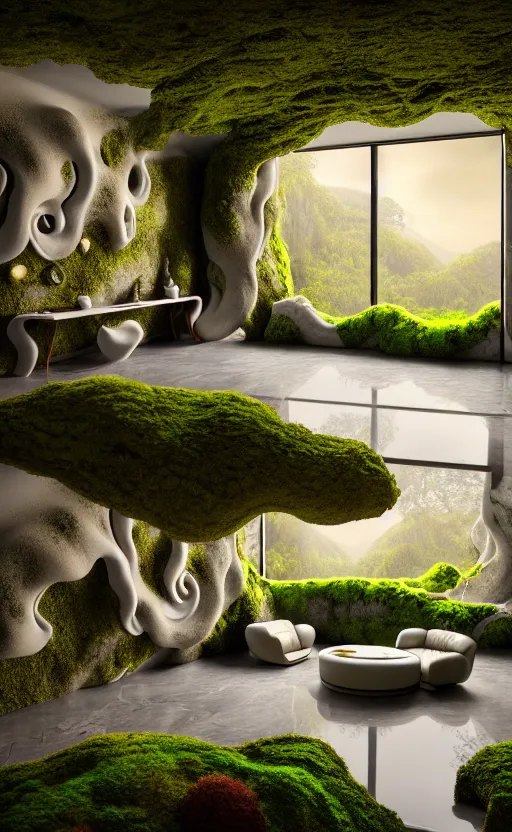 Image similar to highly detailed villa natural beautiful light interior soft cinematic composition of a smooth ceramic porcelain biomorphic magnolia stone nebula fluid sci - fi surreal colorful architecture landscape, furniture, granite, trees, marble, moss, lichen, fungi, vincent callebaut composition, mamou - mani, archviz, 8 k, unreal engine, hdr