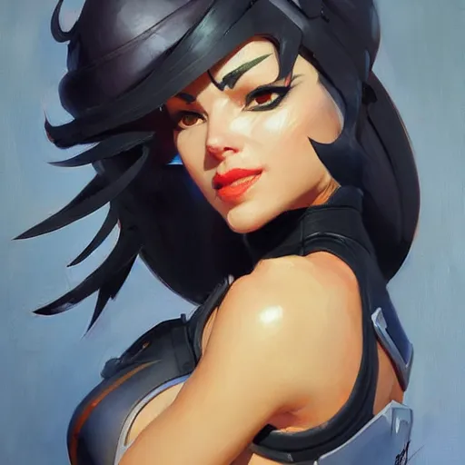 Image similar to greg manchess portrait painting of elaina as overwatch character, medium shot, asymmetrical, profile picture, organic painting, sunny day, matte painting, bold shapes, hard edges, street art, trending on artstation, by huang guangjian and gil elvgren and sachin teng