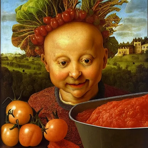 Image similar to a boy sitting in a tub full of tomato sauce, the boy is very happy, a lot of cabbage, by giuseppe arcimboldo and ambrosius benson, renaissance, fruit, intricate and intense oil paint, realistic