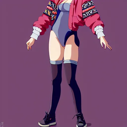 Image similar to a beautiful natalie portman as an anime boy gravure model, wearing oversized mayan bomber jacket and leotard with overalls, bulky poofy bomber jacket with mayan patterns, aztec street fashion, gapmoe yandere grimdark, trending on pixiv fanbox, painted by greg rutkowski makoto shinkai takashi takeuchi studio ghibli, akihiko yoshida