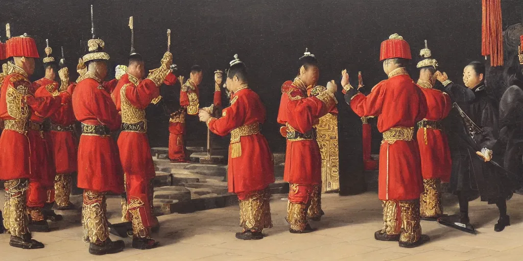 Image similar to Highly detailed and cinematic romantic period oil painting of Imperial Chinese palace guards bowing to the Chinese emperor, strong atmosphere, oil painting masterpiece by Josep Tapiró Baró, symmetry, fractals