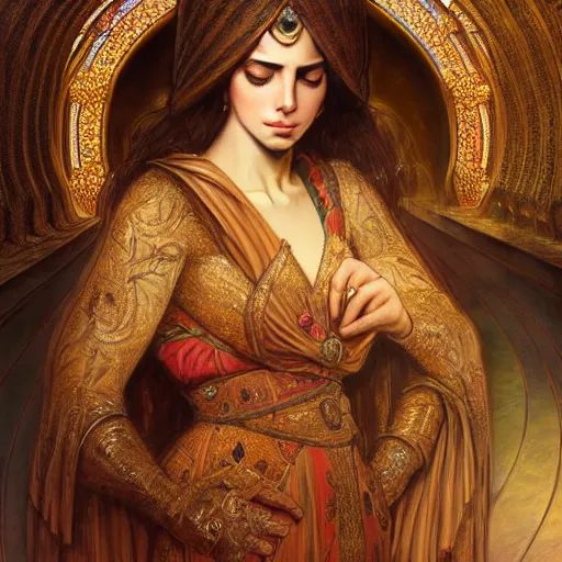 Image similar to Beautiful portrait of a Persian Prince who is an architect, handsome, face painting, attractive young man, architecture, dramatic lighting, intricate, wild, highly detailed, digital painting, artstation, persian style architecture, concept art, smooth, sharp focus, illustration, art by artgerm and greg rutkowski and alphonse mucha, footage from space camera