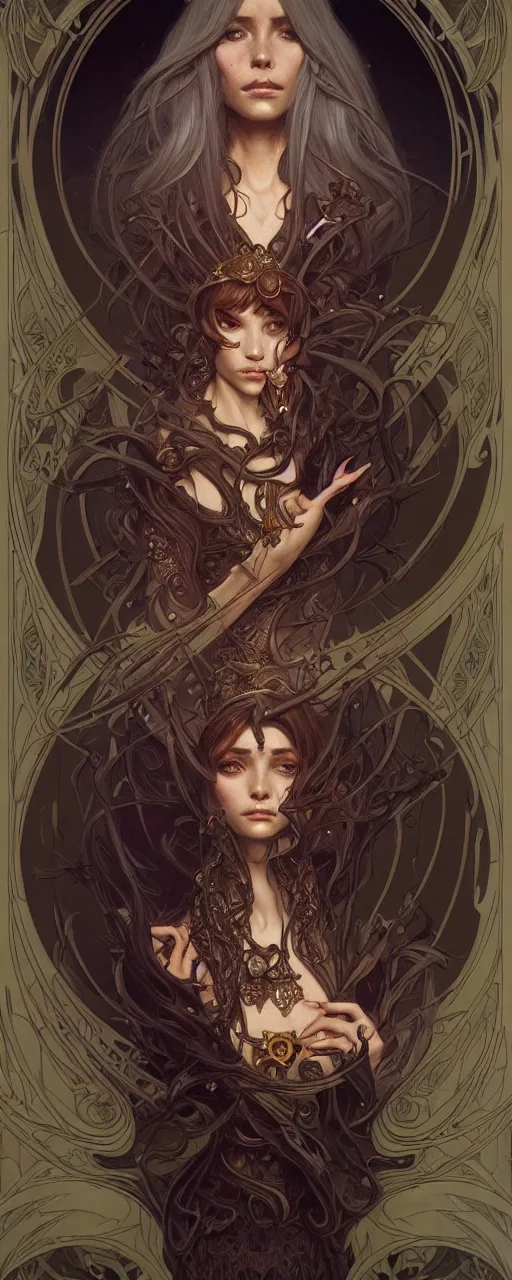 Image similar to dark crystal art nouveau, D&D, fantasy, intricate, elegant, highly detailed, digital painting, artstation, concept art, matte, sharp focus, illustration, hearthstone, art by Artgerm and Greg Rutkowski and Alphonse Mucha