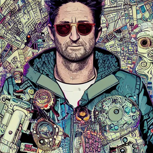 Prompt: hyper detailed comic illustration of a cyberpunk Gerard Butler wearing a futuristic sunglasses and a gorpcore jacket, markings on his face, by Josan Gonzalez and Geof Darrow, intricate details, vibrant, solid background, low angle fish eye lens