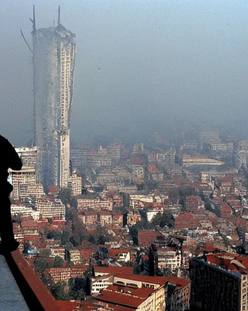 Prompt: a firefighter looks towards the heavily damaged belgrade's tallest building, 1 9 9 9