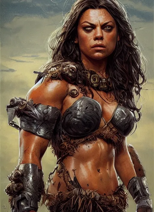 Image similar to exhausted Mila Kunis as a very muscled rugged looking Amazon, dirty, sweating, intricate, elegant, highly detailed, artstation, concept art, sharp focus, art by artgerm and donato giancola and Joseph Christian Leyendecker, WLOP